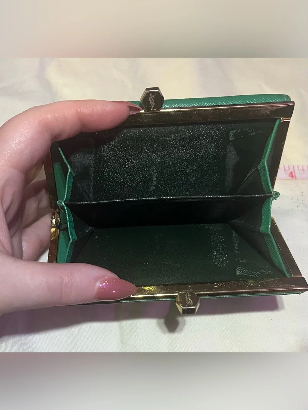 Authentic Yves Saint Laurent Teal Textured Leather Wallet with Heart Emblem - Picture 11 of 11